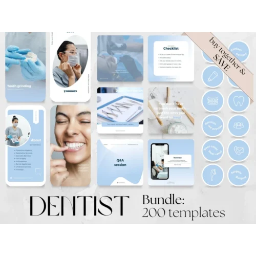 200 Dental BUNDLE: 60 Posts, 60 Stories, 80 Highlight Covers Template | Social Media dentist clinic, IG Instagram Facebook oral health care